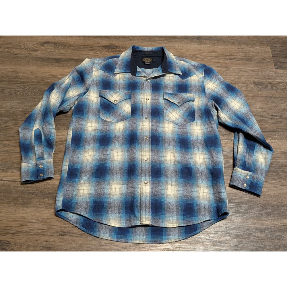 Pendleton Canyon Shirt Mens Large Blue Ombre Plaid Pearl Snap Western Cotton